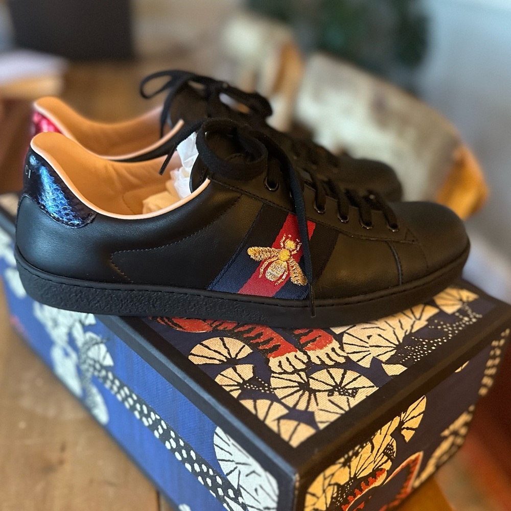 Gucci Black and Blue Sneakers with Red Accents